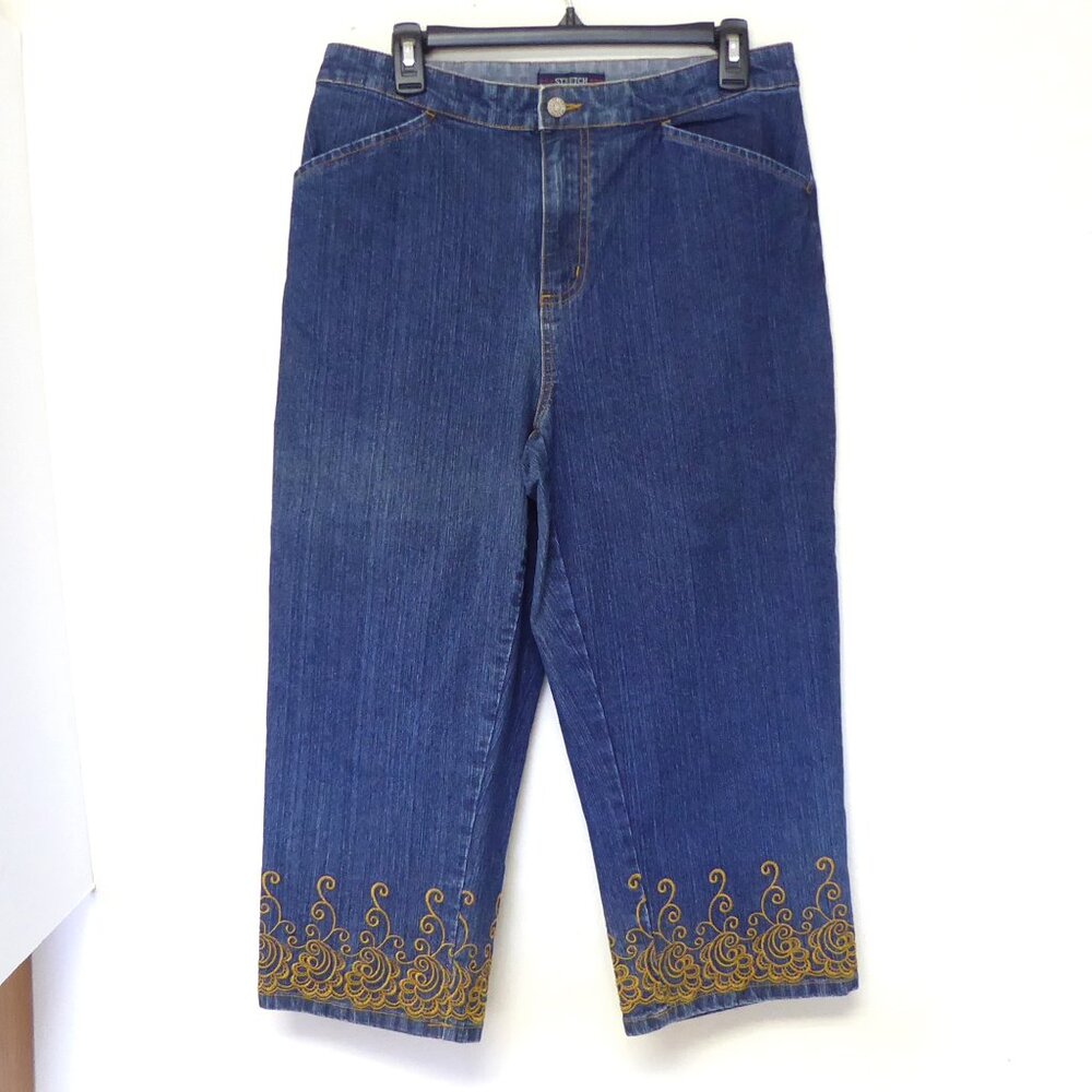 Bill Blass wide leg crop capri jeans dark orange embroidered hem detail size 12